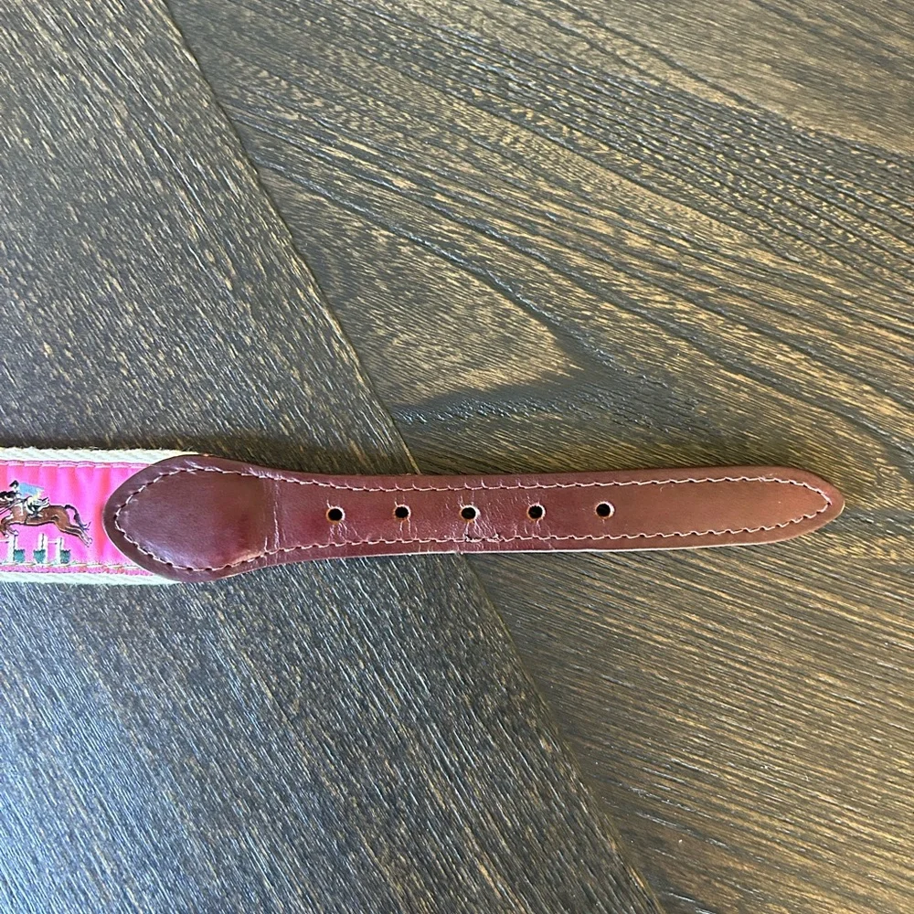 Dover Saddlery Pink and Brown Horse Jumping Canvas Kids Belt With Leather Strap